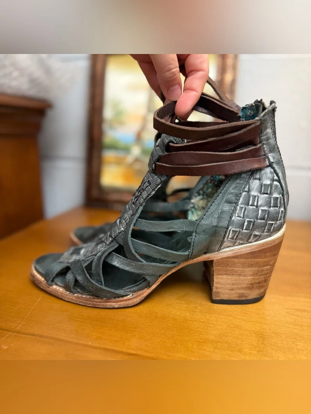 Freebird By Steven Dark Teal Leather Block Heel Sandals Brown Ankle Straps Sz 9